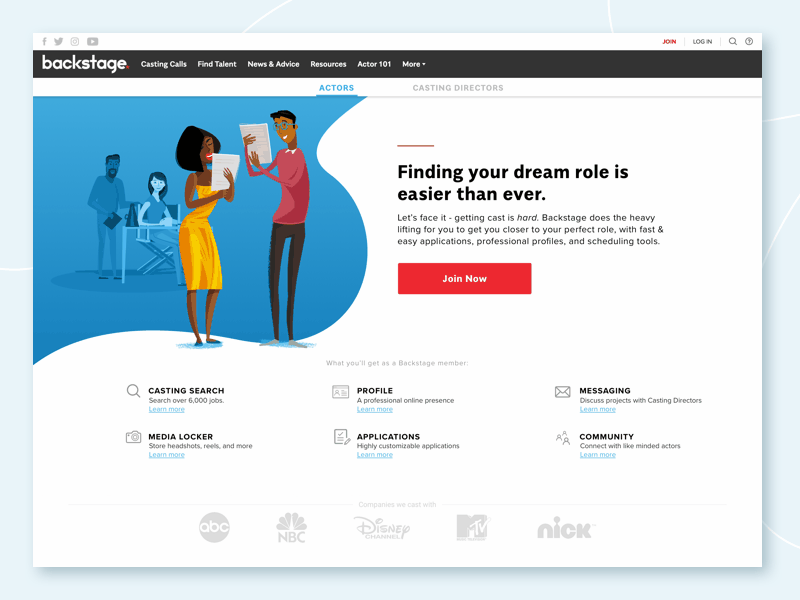 Backstage - Logged Out Homepage - Actors actors clean home illustration jobs uiux visual design