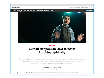 Backstage - Editorial Featured Article Page acting article branding celebrity news product ui ux visual