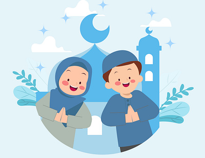 Moslem couple kids for happy illustration cartoon couple kids cute design graphic design happy illustration kids kids cute salam