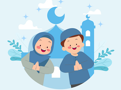 Moslem couple kids for happy illustration