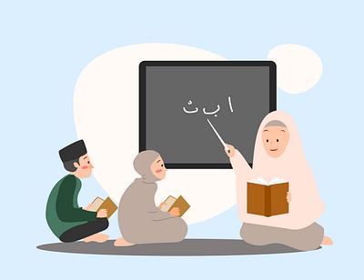 Moslem study quran with teacher cartoon cute design graphic design happy illustration moslem people pray study teacher