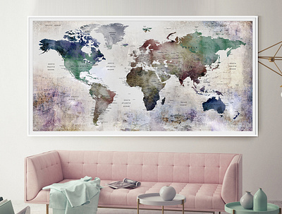 Large World Map Push Pin Executive Style | Modern Map Print | Tr