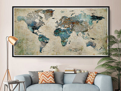 World Map Wall Art, Push Pin Adventure Map, Watercolor World Map