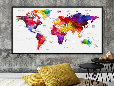 World Map Wall Art, Large Poster Push Pin Travel Map, Watercolor