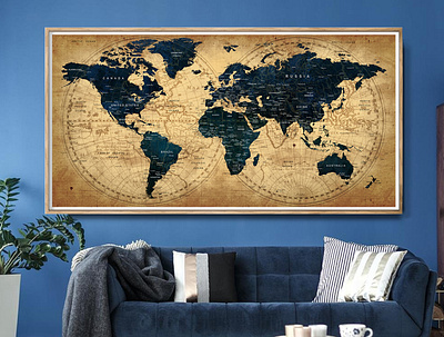 World Map Push Pin Travel Map Poster, Dark Blue and Black Map