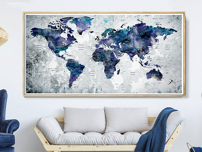 Minimalist World Map Poster, Navy Blue Large world map