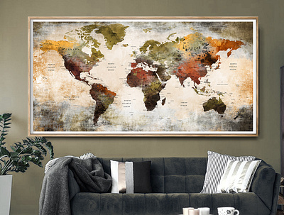 Large World Map Poster Print, World Map Wall Art, Push Pin World
