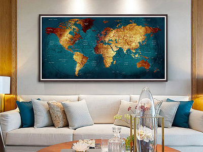 Gold & Navy Textured World Push Pin Map Poster with Personalized