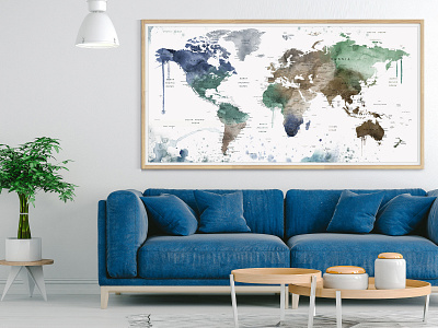 World Map Push Pin Poster, Large Watercolor Push Pin Map Wall