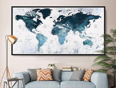 Large Push Pin World Map, Watercolor World Traveler Map Poster