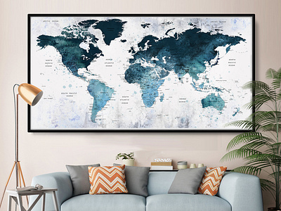 Large Push Pin World Map, Watercolor World Traveler Map Poster