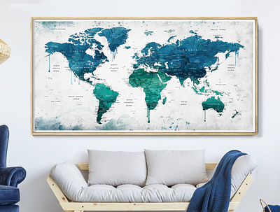 Abstract World Map Print Mid Century Modern Watercolor Poster