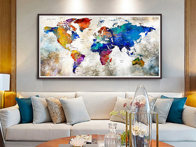 World Map Wall Decor Living Room Modern Watercolor Push Pin Map