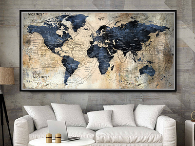 Large World Map Push Pin Executive Style | Dark Blue, Black Pin