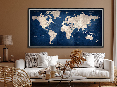 Large Navy Blue World Map Art Poster, Abstract Blue Push Pin Map
