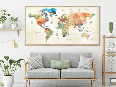 Travel Watercolor World Map - Push Pin Travel Map - World Pin