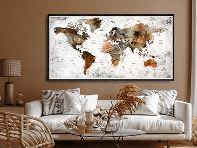 World Map Wall Art Splash Watercolor Abstract Push Pin Map