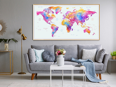 Abstract Bedroom World Map Print Poster, Watercolor Wall Decor