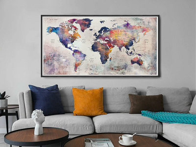 Push Pin World Map Wall Art Poster, Mid Century Modern Style