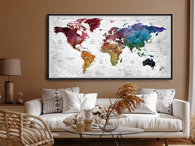 World Push Pin Colorful Map, Push Pin Map Poster