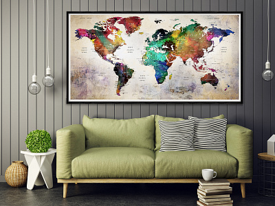 WORLD MAP Wall Decor, PushPin Poster Prints, Watercolor Colorful