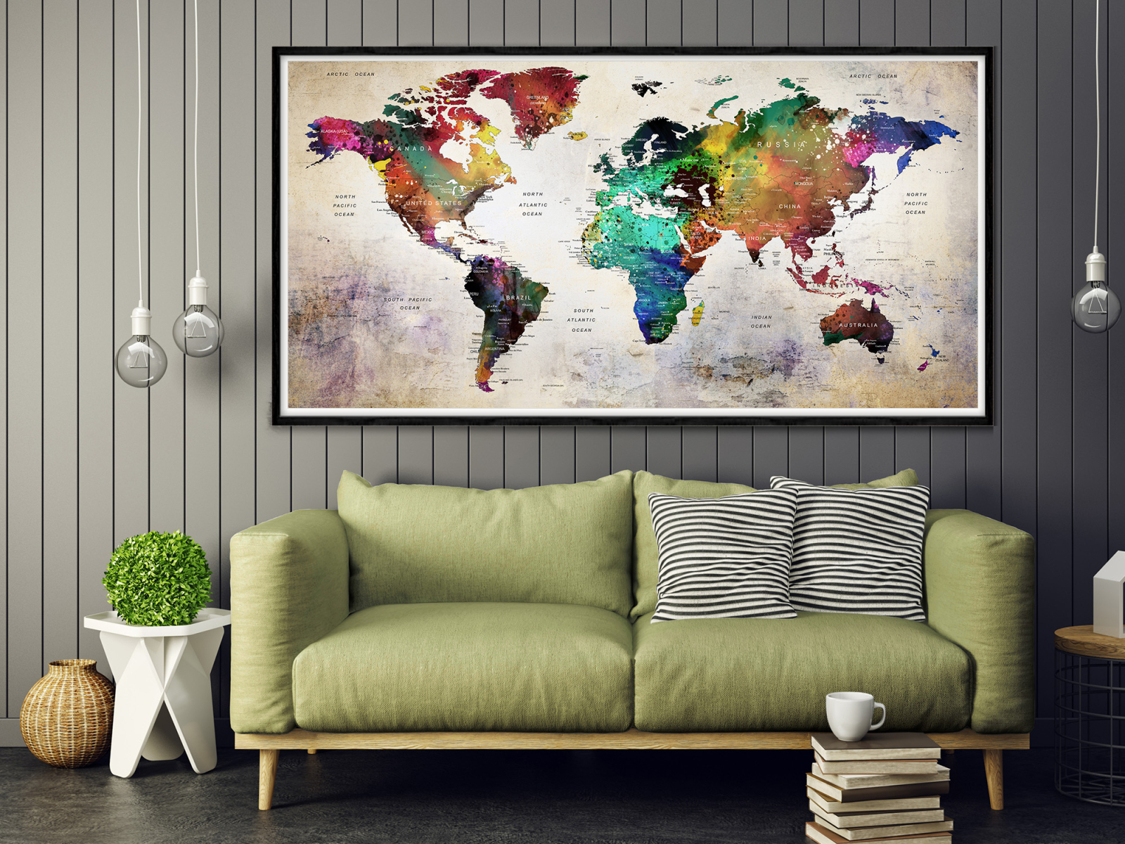 WORLD MAP Wall Decor, PushPin Poster Prints, Watercolor Colorful by ...