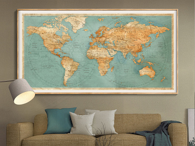 World Map Wall Art Poster Turquoise Pushpin Map Painting