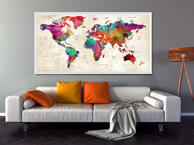 Colorful World Map Poster Print Wall Art - PushPin Map Home wall