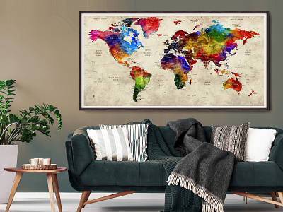 Push Pin Travel Map of World, Watercolor Map Poster, Vintage