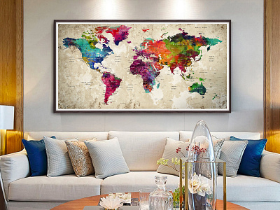 Watercolor Push Pin World Map Poster, Abstract World Map Art