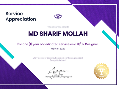 One year anniversary at "image appeala" as a ux/ui designer branding certificate certificate design creative certificate design flat logo graphic design illustration logo logo design ui ux vector