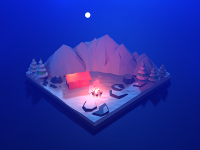 Low poly camp fire at the base of himalayas