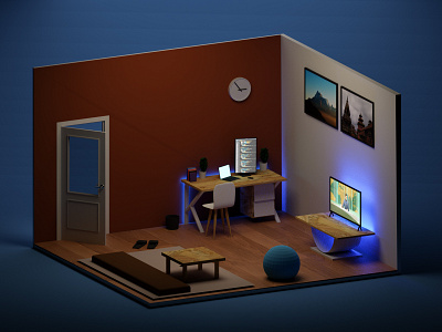 Night view rendering of a living room 3d blender blender3d interior design isometric isometric design room