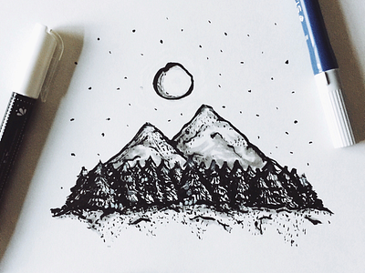 Inktober-Day Two autumn brush brush pen chalk illustration ink inktober moon mountains night trees