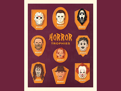 Horror Trophies chucky freddy ghostface hannibal horror illustration jason voorhees michael myers poster scream the exorcist vector