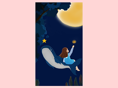 Girl festival girl illustrations，star，trees，sky，fly mid autumn soon whale