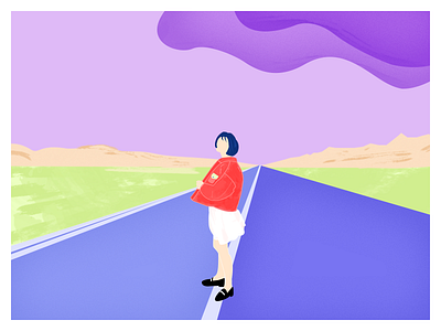 On the road cloud design girl illustration grassland illustration mountain sky ui