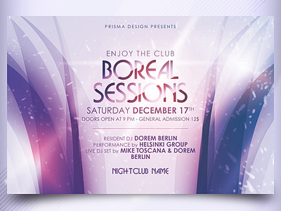 Boreal Sessions Flyer boreal colors disco discotheque electronic event festival flyer flyers inch light lights modern music night particles party print purple session sessions template