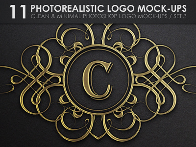 11 Photorealistic Logo Mock-Ups / Set 3 - Special Straight View black color glitter hi res high letterpress logo mock up metal mock up mockup product mock up straight