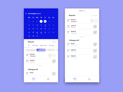 Vacation Manager calendar dailyui design managingemployees mobile app design pending requests ui uxdesign uxdiary