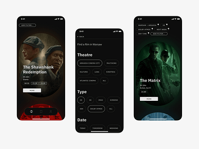 [C] → Cinema theatre app concept app book button cinema dark design film form homescreen movie order poster reservation round search ticket typography ui ux