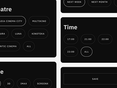 [C] → Cinema theatre app concept app book button cinema dark design film form homescreen movie order poster reservation round search ticket typography ui ux