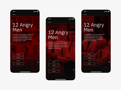 [C] → Cinema theatre app concept app book button cinema dark design film form homescreen movie order poster reservation round search ticket typography ui ux