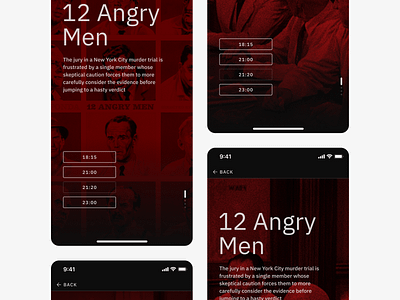 [C] → Cinema theatre app concept app book button cinema dark design film form homescreen movie order poster reservation round search ticket typography ui ux