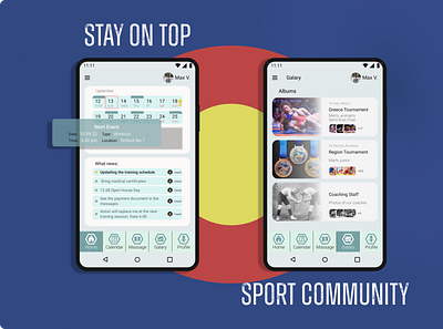 Sport Community app android app calendar chat coach community design develop figma frame galary graphic design main screen new sport tournament ui ux