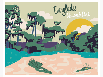 Heritage in Danger - Everglades animals illustration landscape postcard vector illustration
