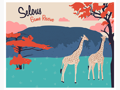 Heritage in Danger - Selous Game Reserve animals illustration landscape postcard vector illustration