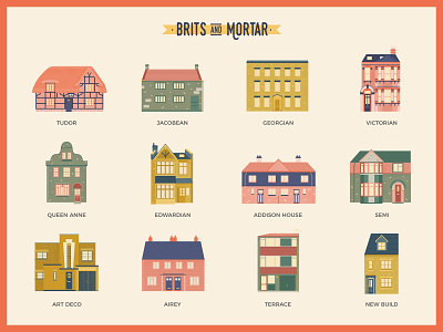 Brits and Mortar - All houses architecture building buildings drawing england green houses pink postcards posters uk vector vectorial illustration yellow