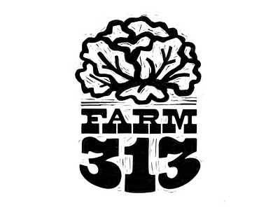 Farm313 Rustic Woodcut Logo Design 313 black and white block print detroit earthy farm farm logo farmers market farming hand drawn hand lettering icon lettuce logo procreate procreate app rustic vegetable vintage woodcut