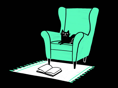 Cooper Loves His Chair black black cat book cat cat illustration cats chair cooper cooper black illustration kitten kitty procreate read reading rug sketch